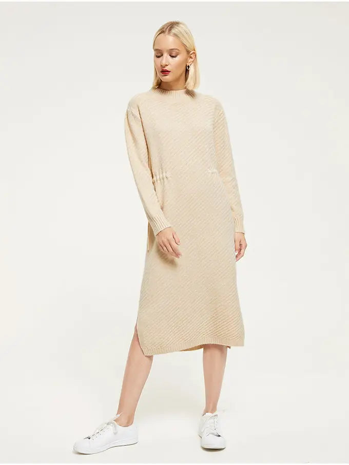 Cream Midi Jumper Dress in Fine Knit