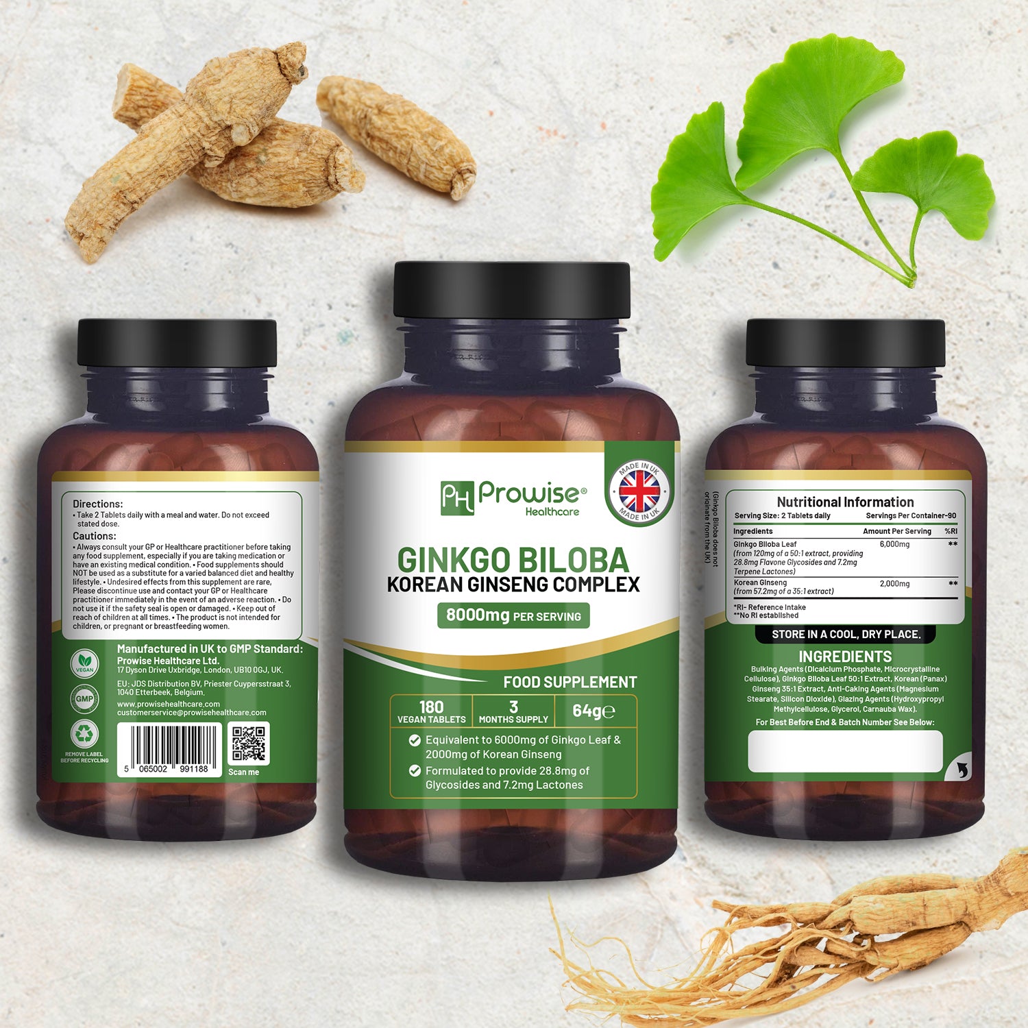 Ginkgo Biloba and Korean Ginseng Vegan Tablets 8000mg