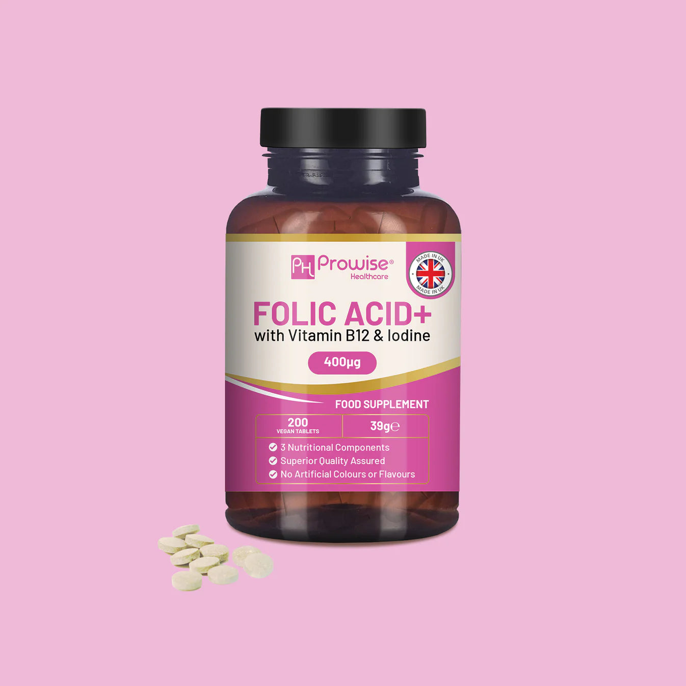 Folic Acid+ 400 mcg  Vegan Tablets with Vitamin B12 & Iodine