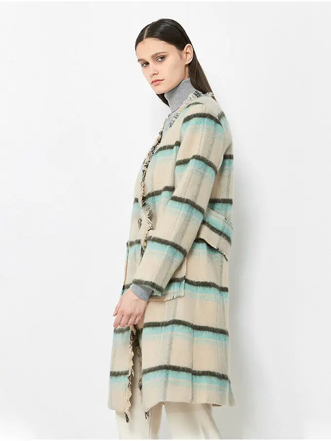 Long Plaid Fringed Coat