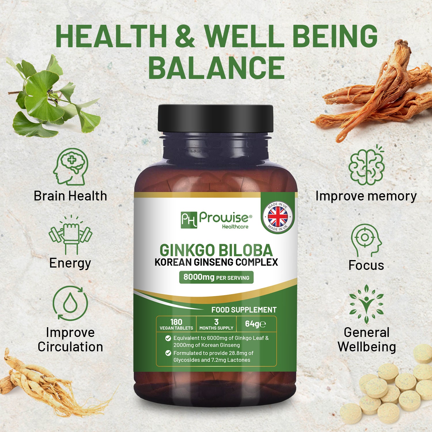 Ginkgo Biloba and Korean Ginseng Vegan Tablets 8000mg