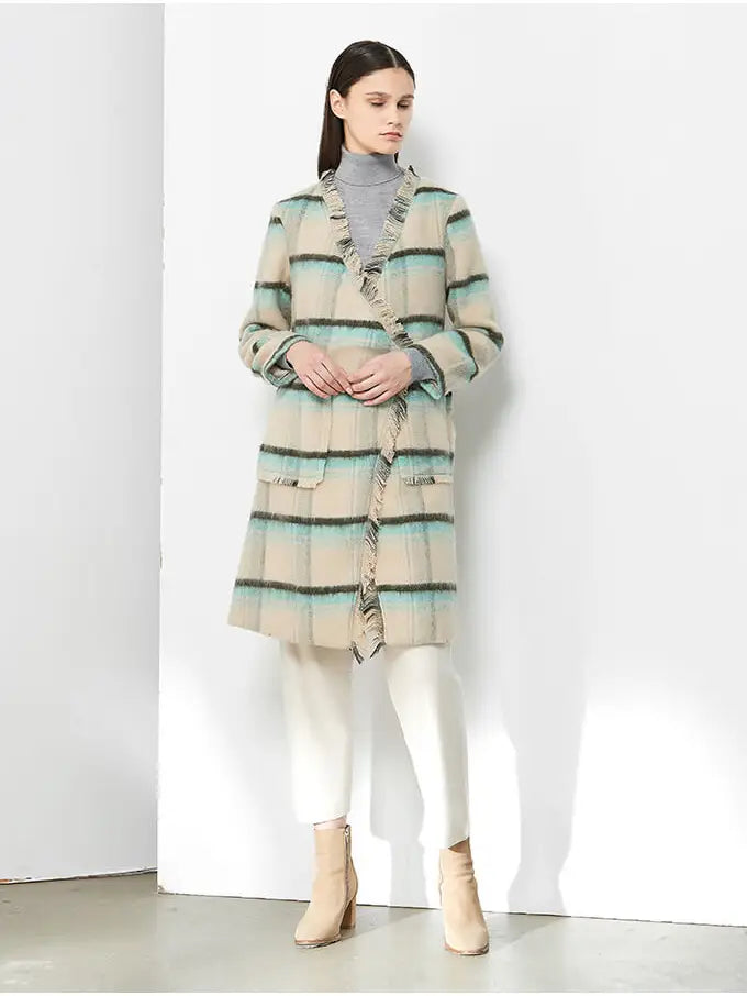 Long Plaid Fringed Coat