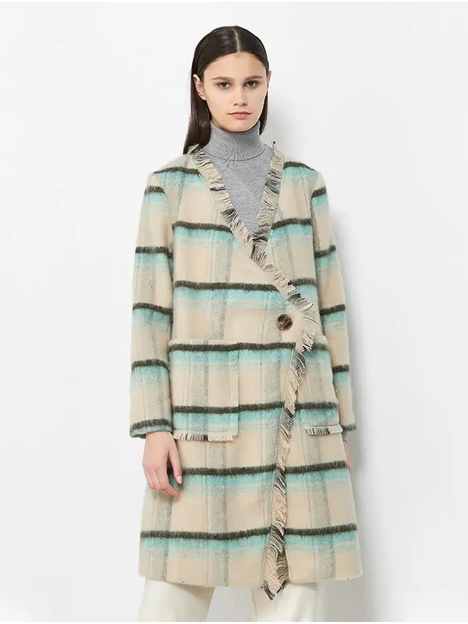 Long Plaid Fringed Coat