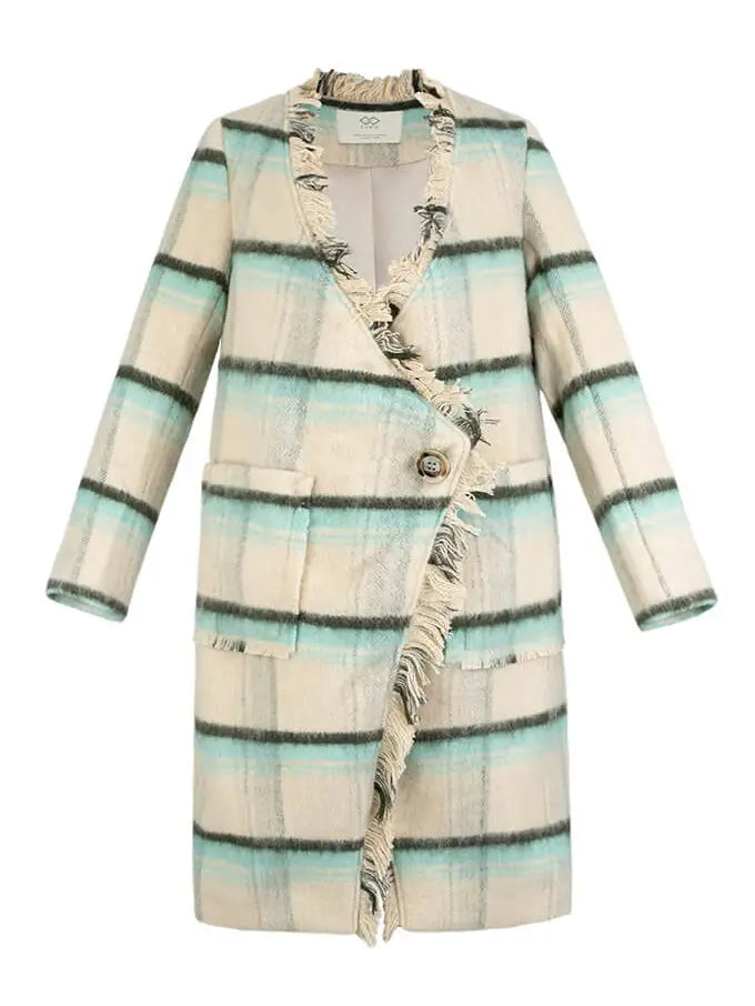 Long Plaid Fringed Coat